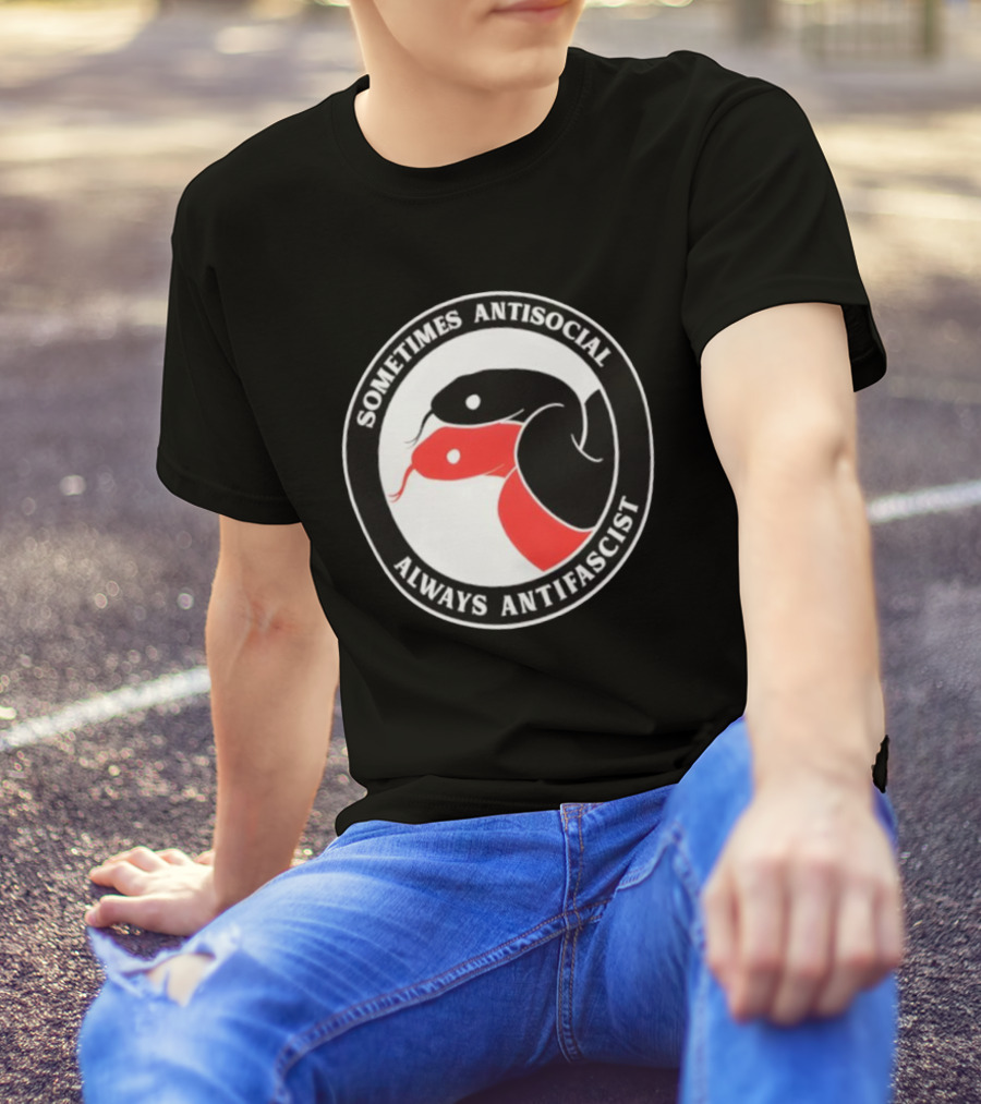 Sometimes Antisocial Always Antifascist Snakes Circle Logo Two Snakes Black And Red T-Shirt