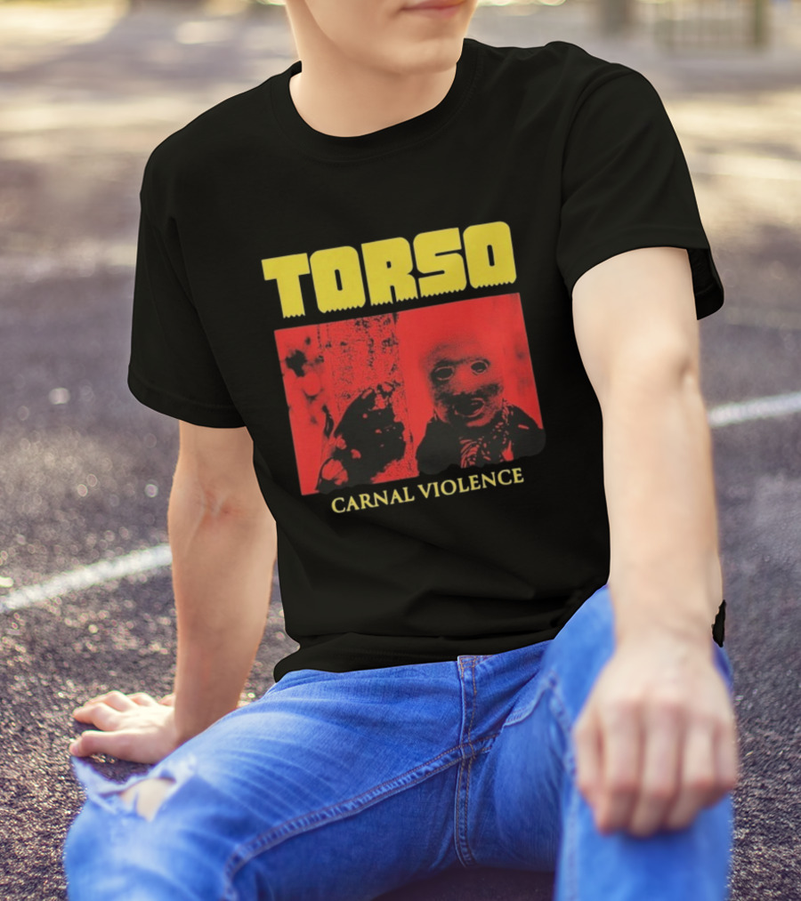 Torso Carnal Violence Horror Imagery Bold Yellow Text T-Shirt