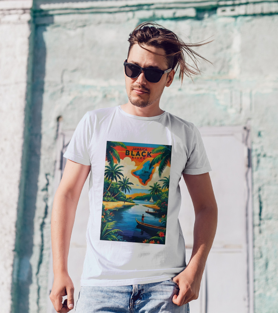 Jamaica Black River Vintage Travel Tropical Scenery With Palm Trees And Boats T-Shirt
