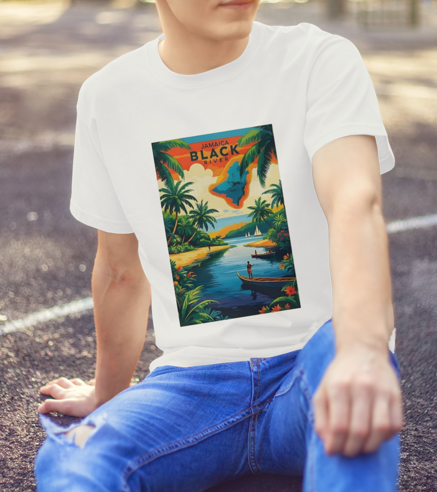 Jamaica Black River Vintage Travel Tropical Scenery With Palm Trees And Boats T-Shirt