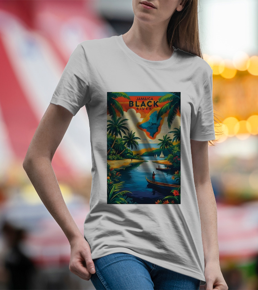 Jamaica Black River Vintage Travel Tropical Scenery With Palm Trees And Boats T-Shirt