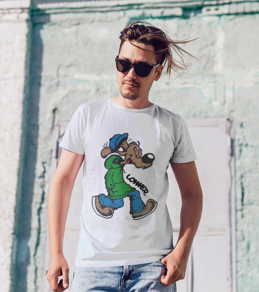 Lower Billie Hood Walkin Cartoon Character In Green And Blue Cap T-Shirt