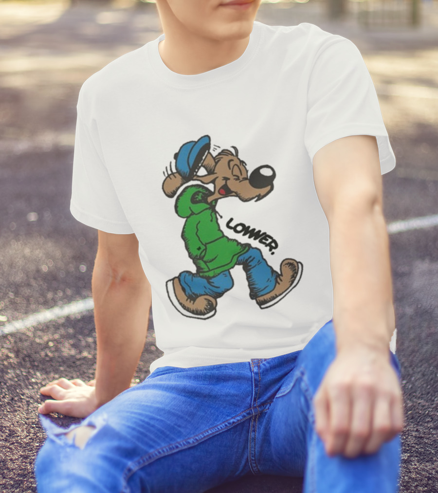 Lower Billie Hood Walkin Cartoon Character In Green And Blue Cap T-Shirt