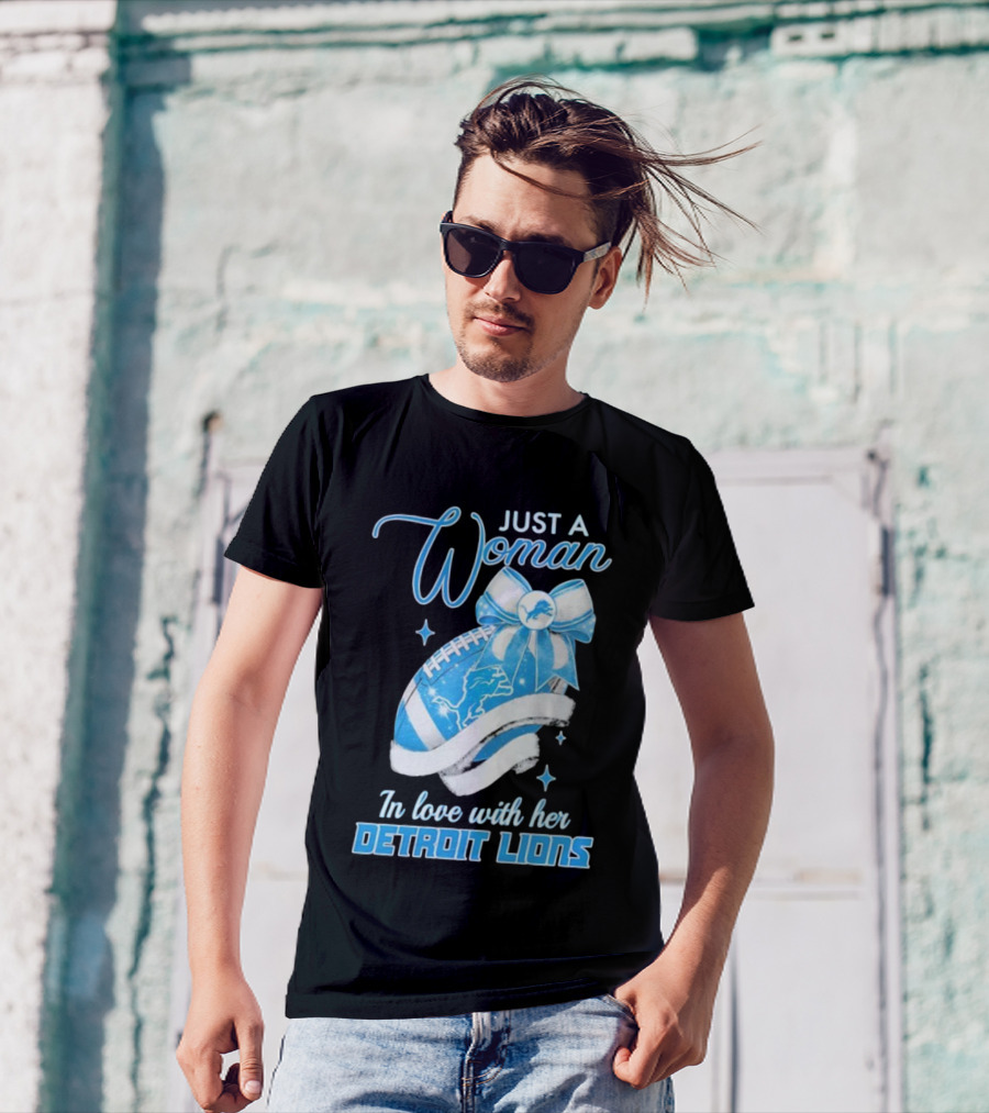 Just A Woman In Love With Her Detroit Lions Glittery Ribbon T-Shirt