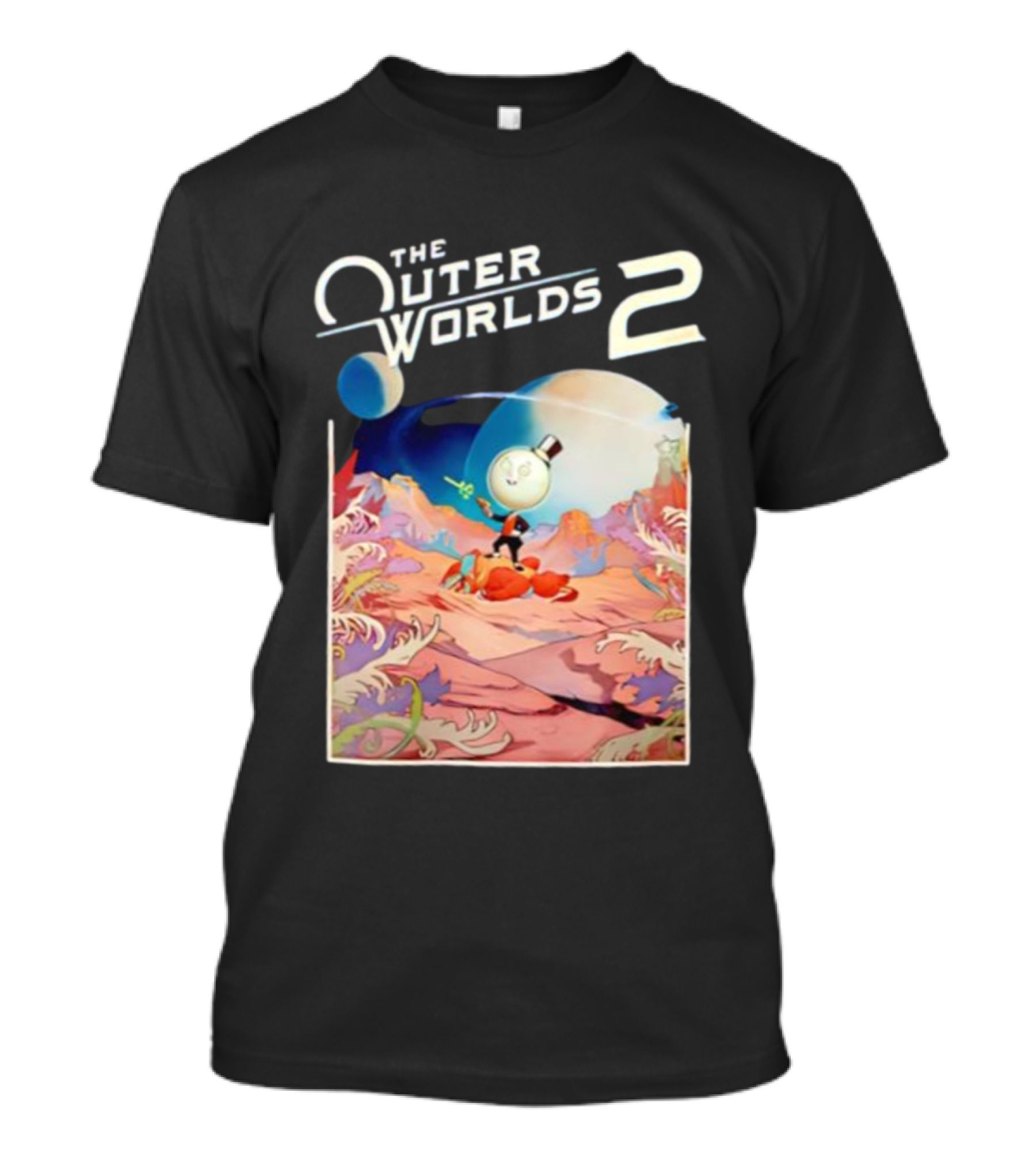 The Outer Worlds 2 Surreal Landscape With Cartoon Character T-Shirt