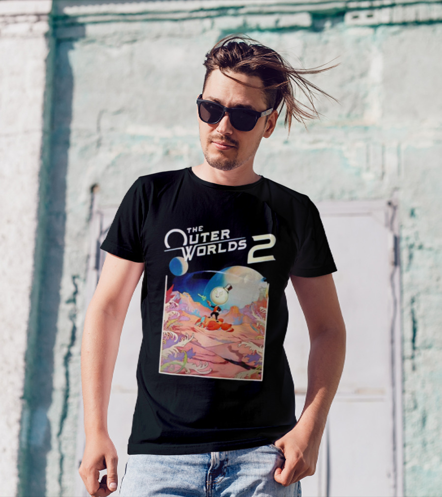 The Outer Worlds 2 Surreal Landscape With Cartoon Character T-Shirt