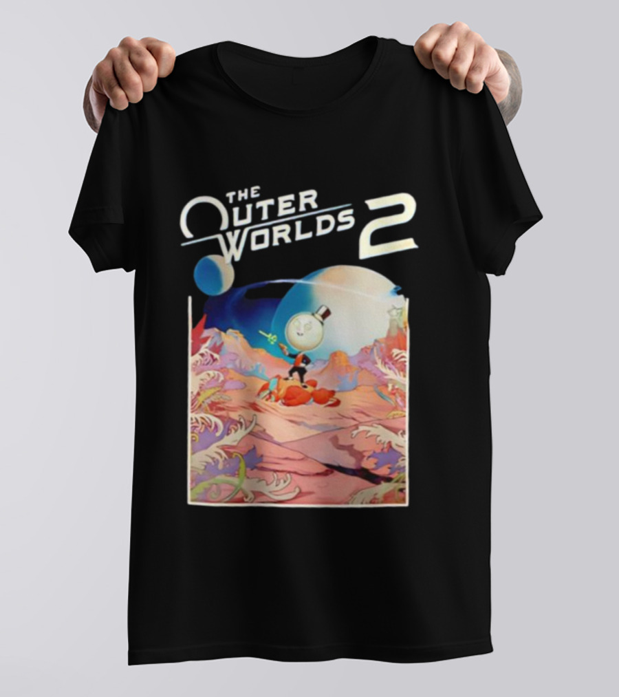 The Outer Worlds 2 Surreal Landscape With Cartoon Character T-Shirt