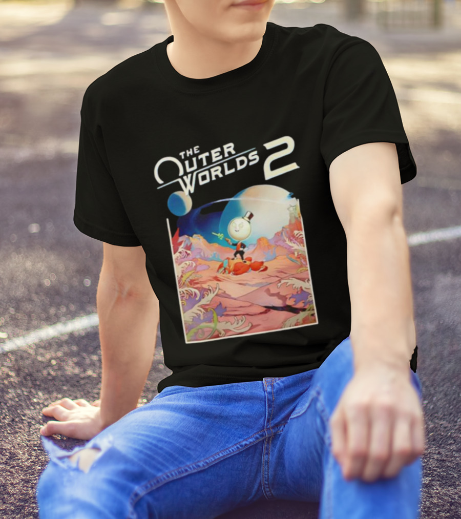 The Outer Worlds 2 Surreal Landscape With Cartoon Character T-Shirt