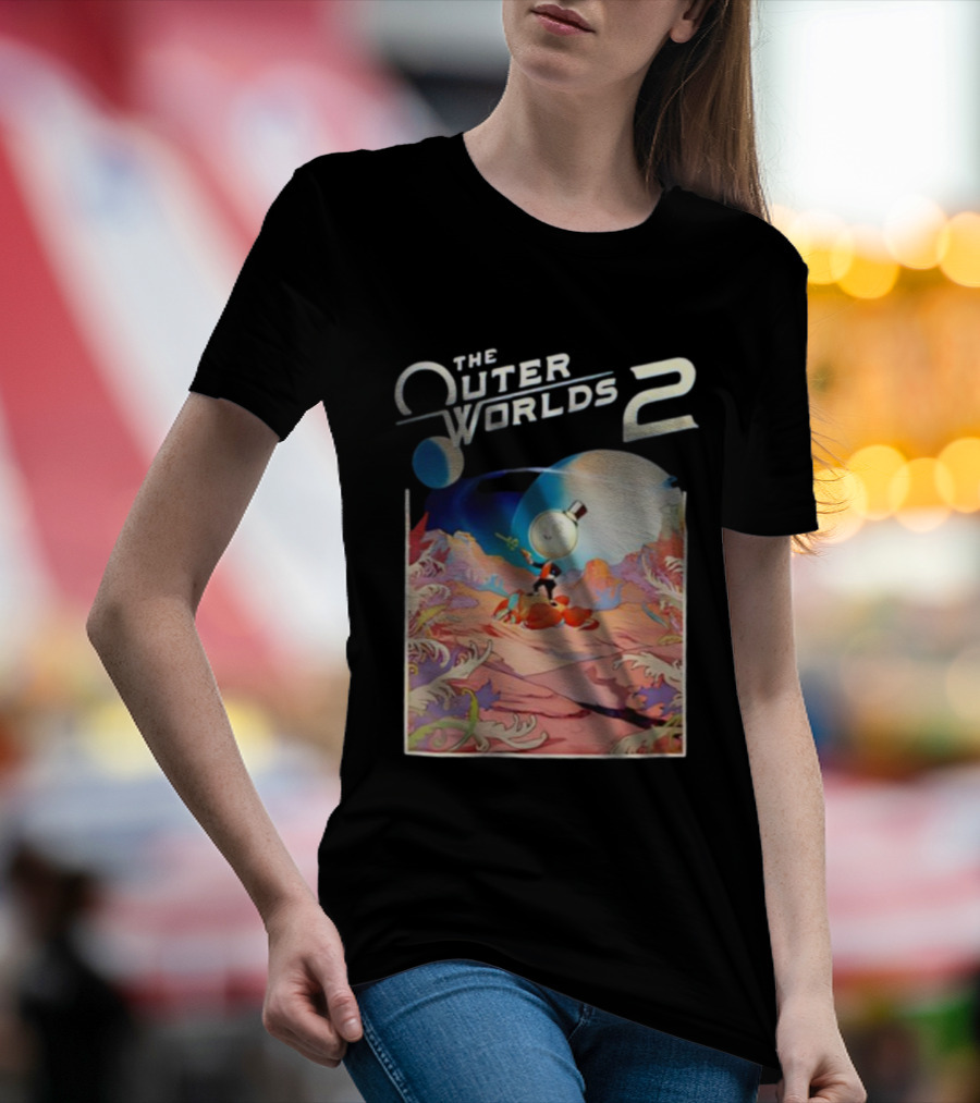The Outer Worlds 2 Surreal Landscape With Cartoon Character T-Shirt