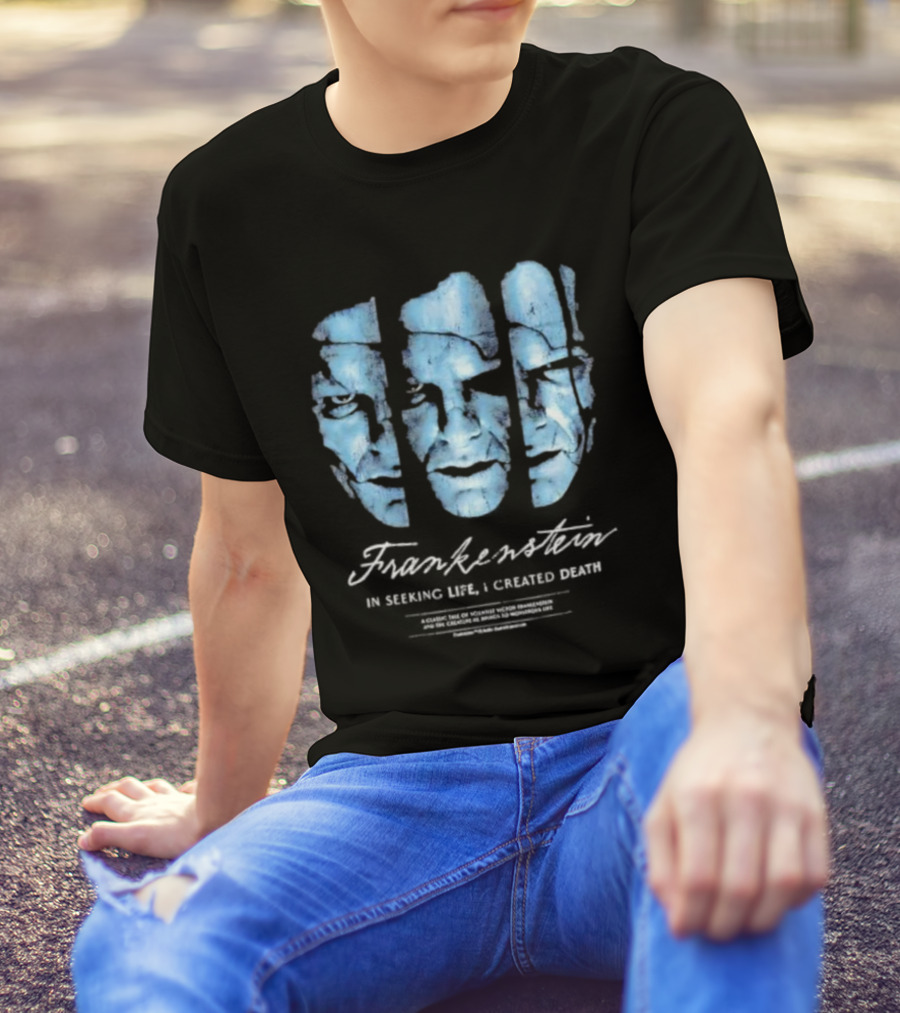 Frankenstein The Creature Seeking Life Created Death Split Face Design T-Shirt