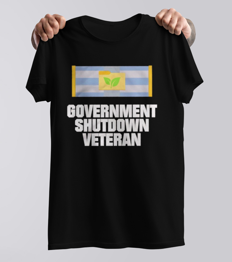 Government Shutdown Veteran Green Leaves Folder Icon Stripes T-Shirt