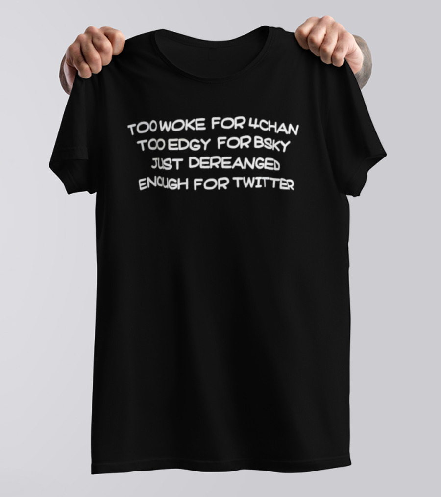 Too Woke For 4chan Too Edgy For Bsky Just Deranged Enough For Twitter T-Shirt