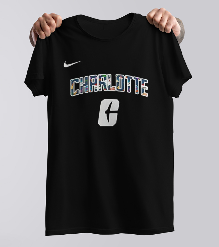 Charlotte C Logo With Nike Swoosh Multicolor Lettering T-Shirt