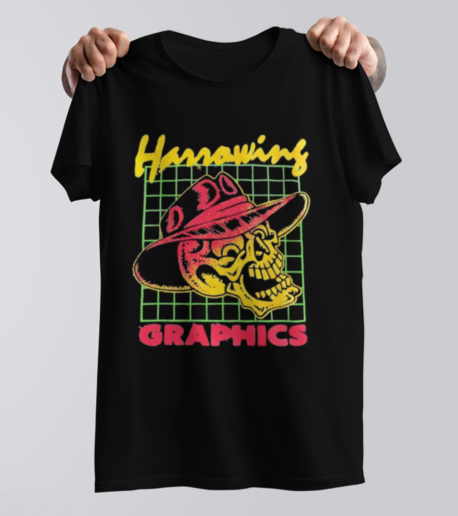 Harrowing Skull Cowboy Hat Graphics Retro Neon Style T-Shirt