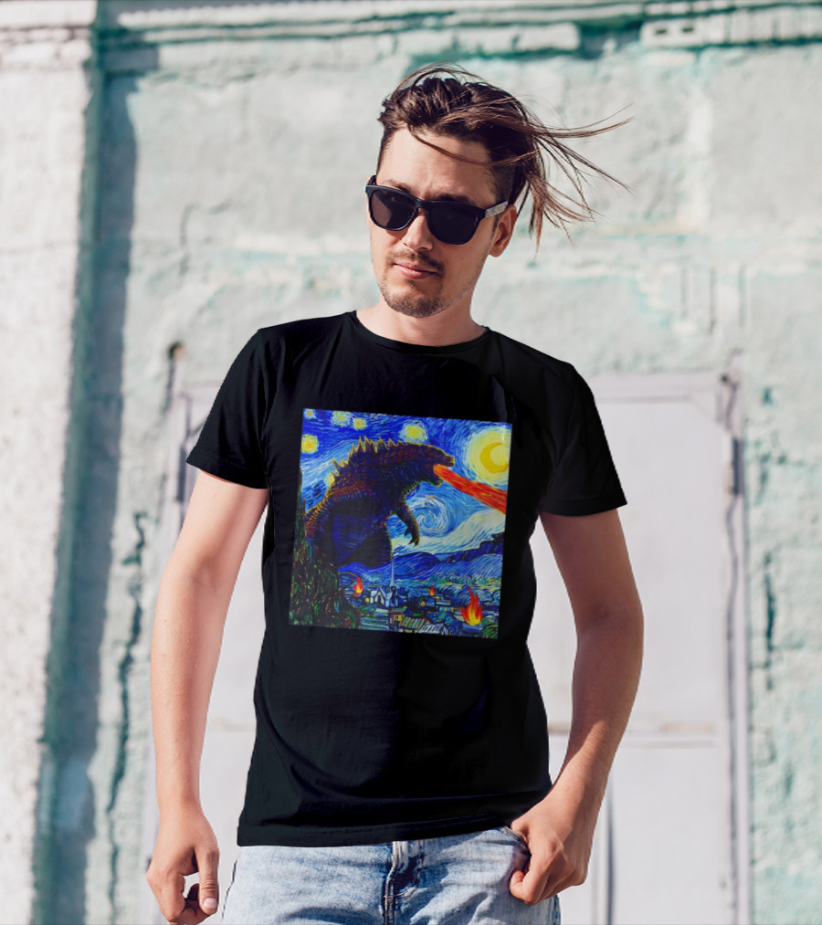 Godzilla Van Gogh Starry Night Mashup Scene T-Shirt