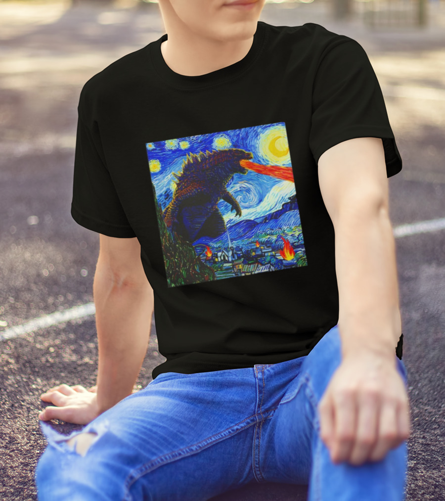 Godzilla Van Gogh Starry Night Mashup Scene T-Shirt