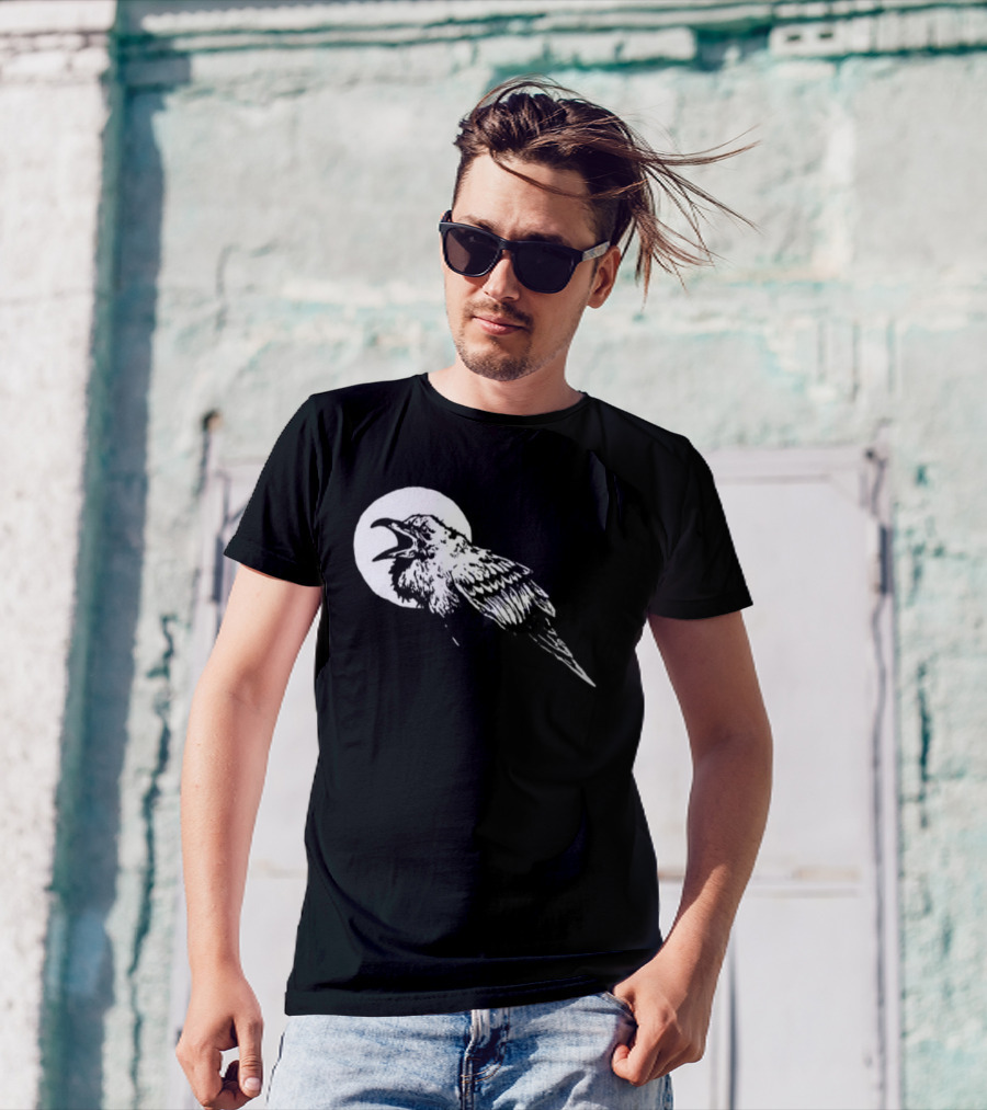 Raven Crow F Caw F Vintage Retro Bird Full Moon Silhouette In Flight T-Shirt
