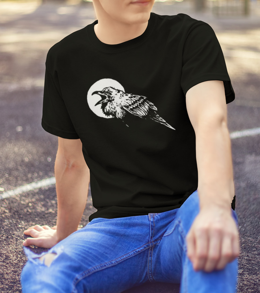 Raven Crow F Caw F Vintage Retro Bird Full Moon Silhouette In Flight T-Shirt