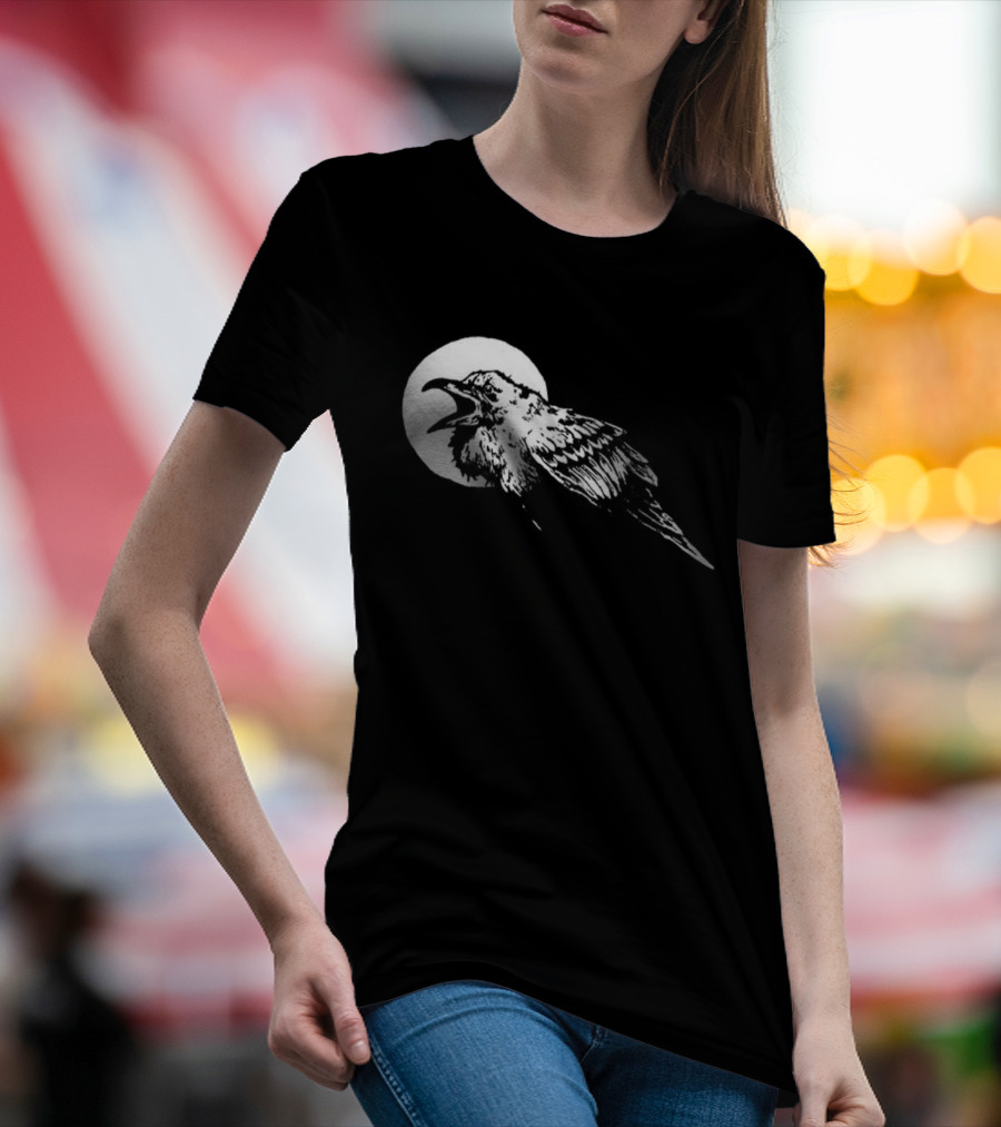 Raven Crow F Caw F Vintage Retro Bird Full Moon Silhouette In Flight T-Shirt