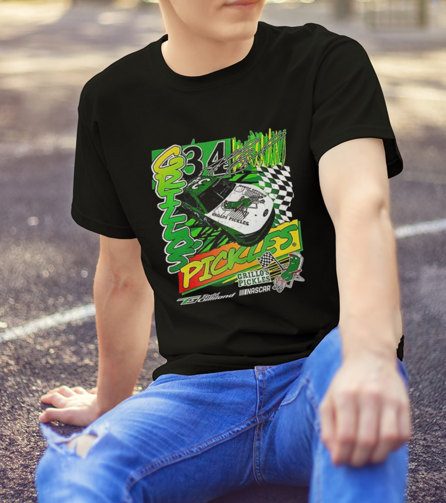 Grillo's Pickles Car Todd Gilliland 34 Autograph Racing Checkered Flag T-Shirt