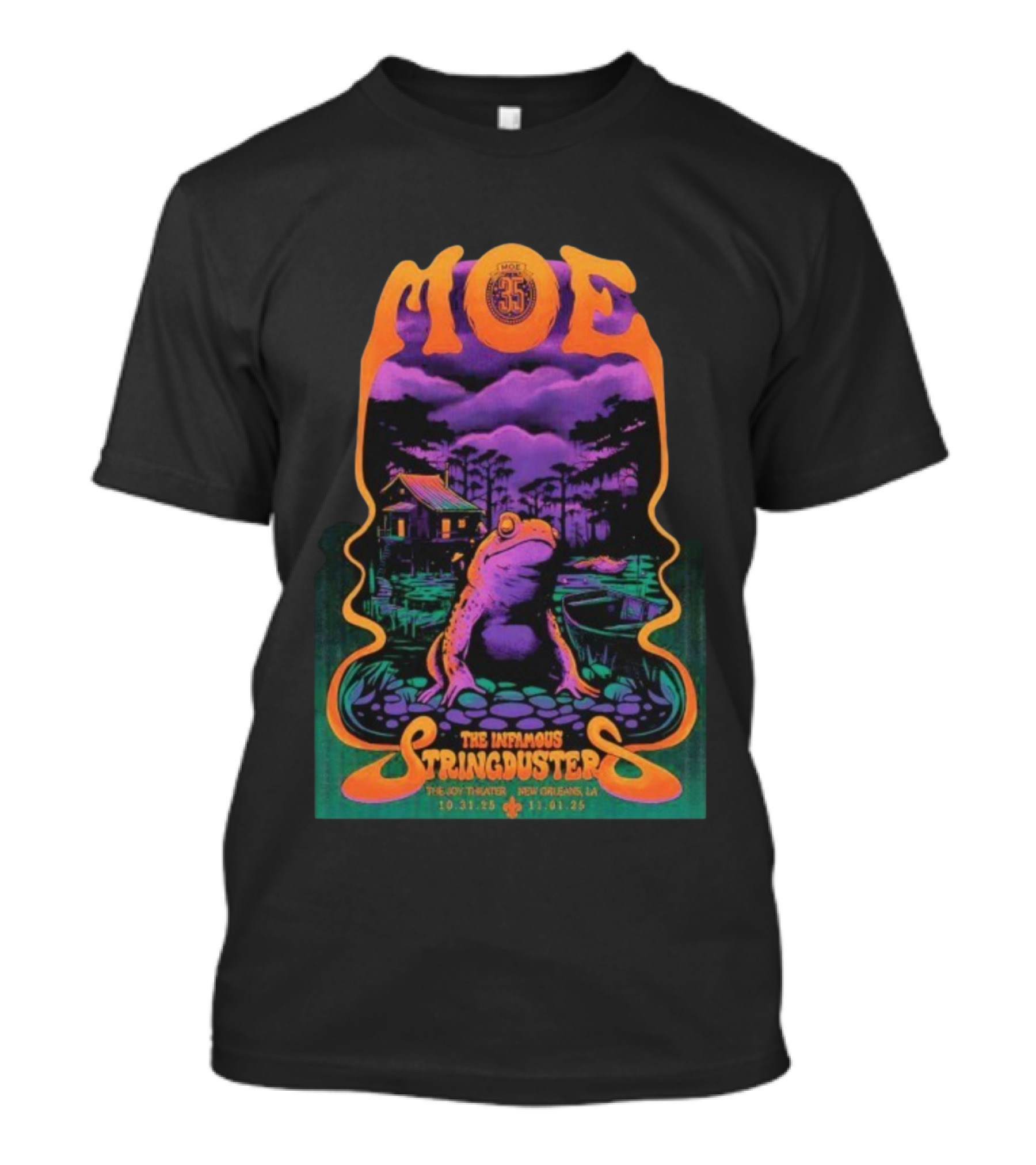 Moe. The Infamous Stringduster Halloween 2025 New Orleans Joy Theater Frog Swamp Scene T-Shirt
