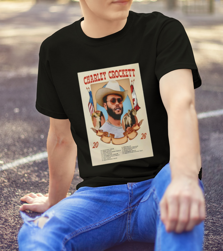 Charley Crockett Tour 2026 American Canadian Flags Vintage Style T-Shirt
