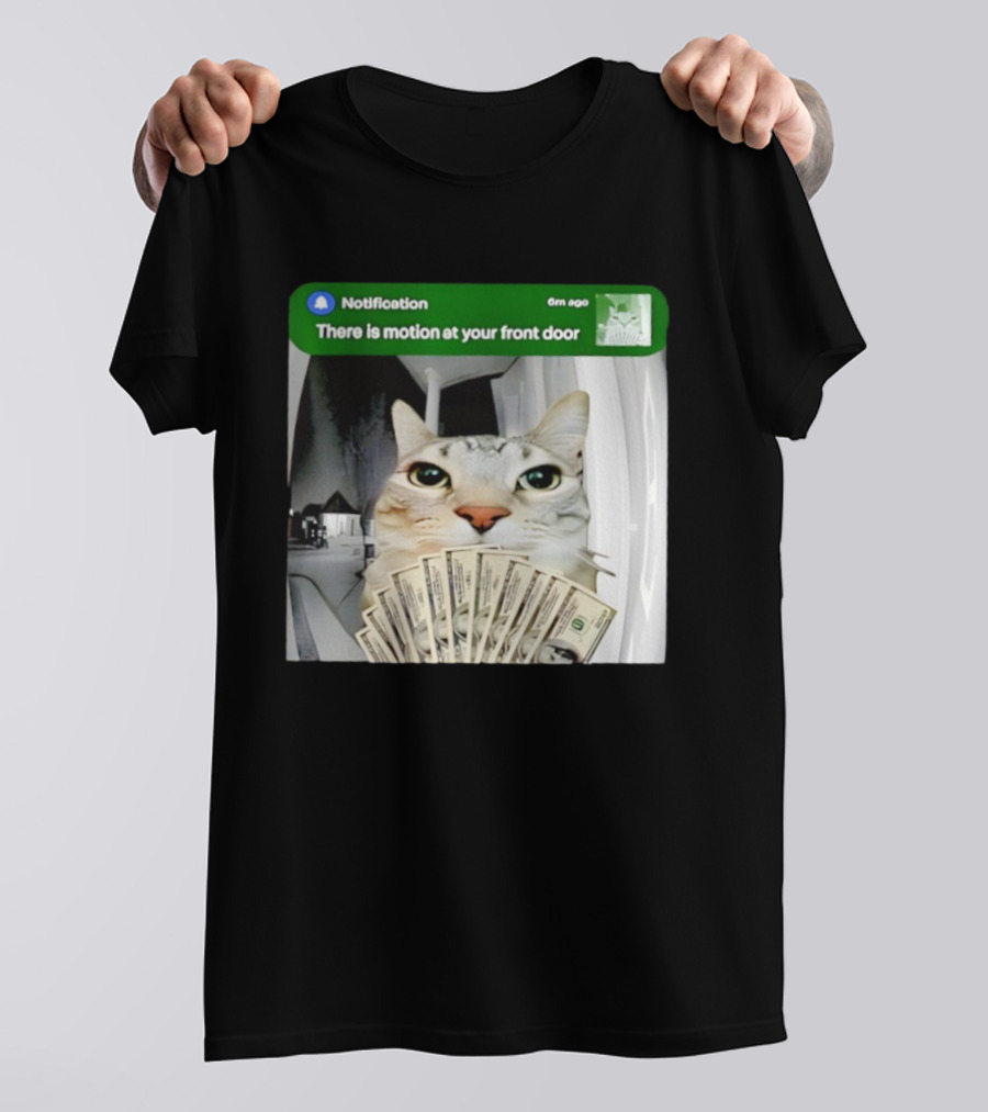 Notification Funny Cat Meme Motion At Your Front Door Money T-Shirt