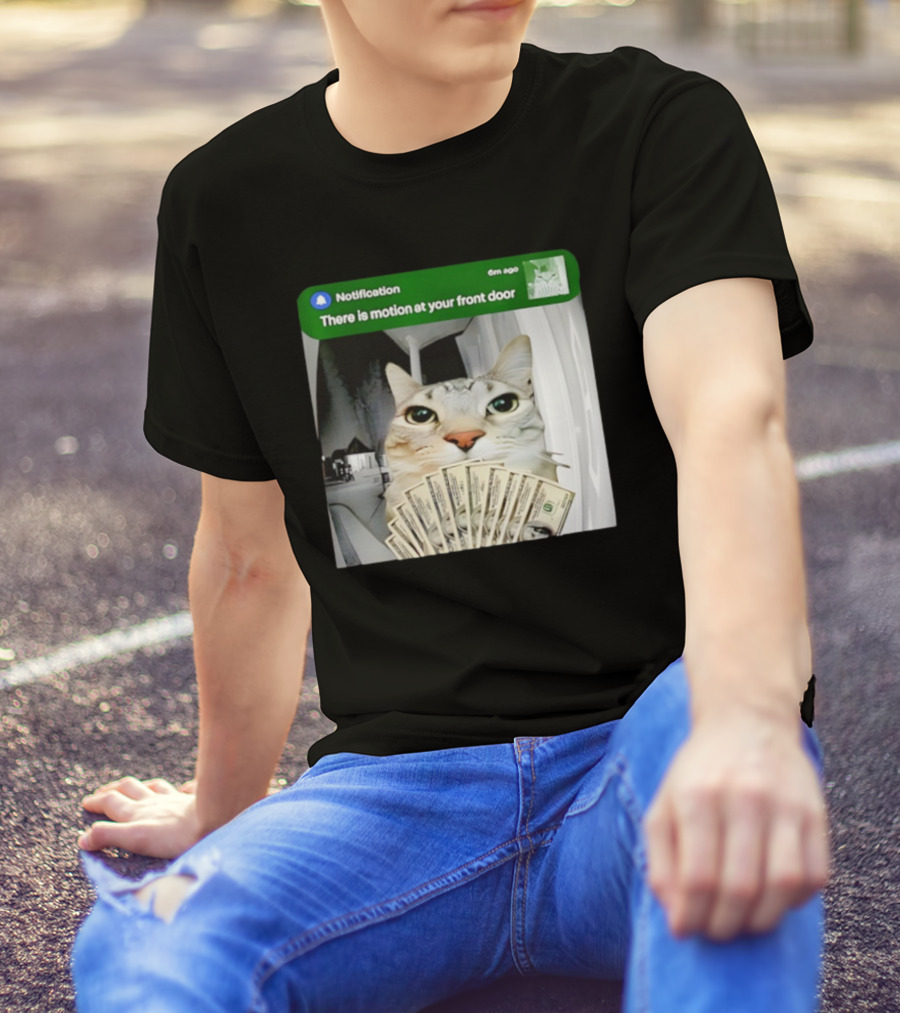 Notification Funny Cat Meme Motion At Your Front Door Money T-Shirt