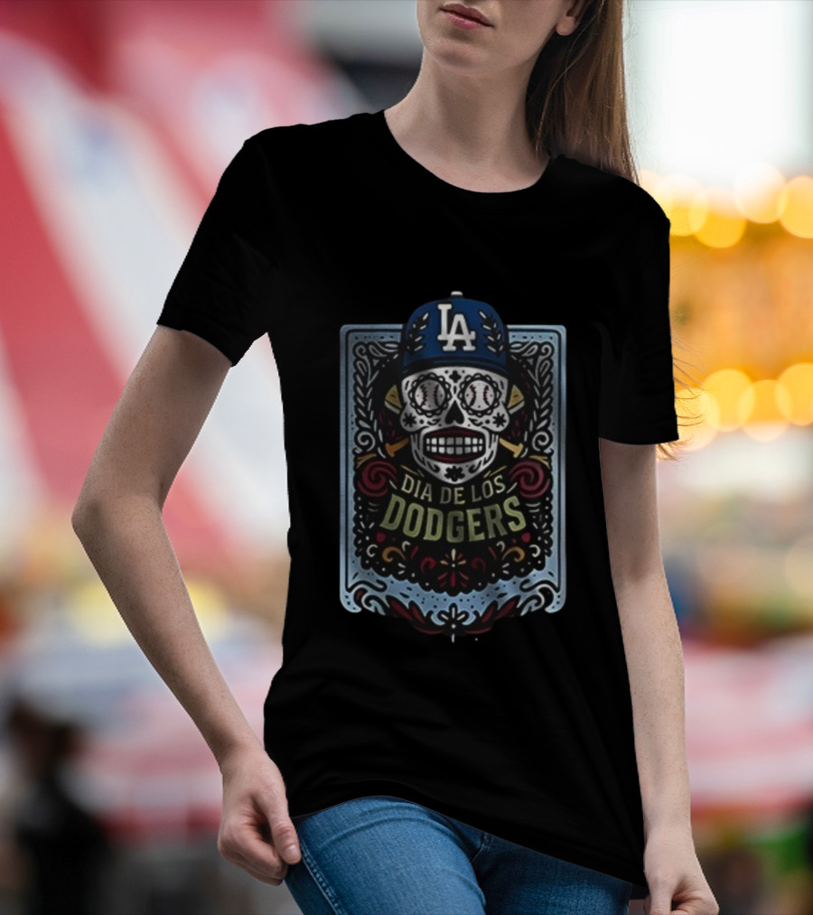 Dia De Los Dodgers LA Skull Baseball Icon T-Shirt