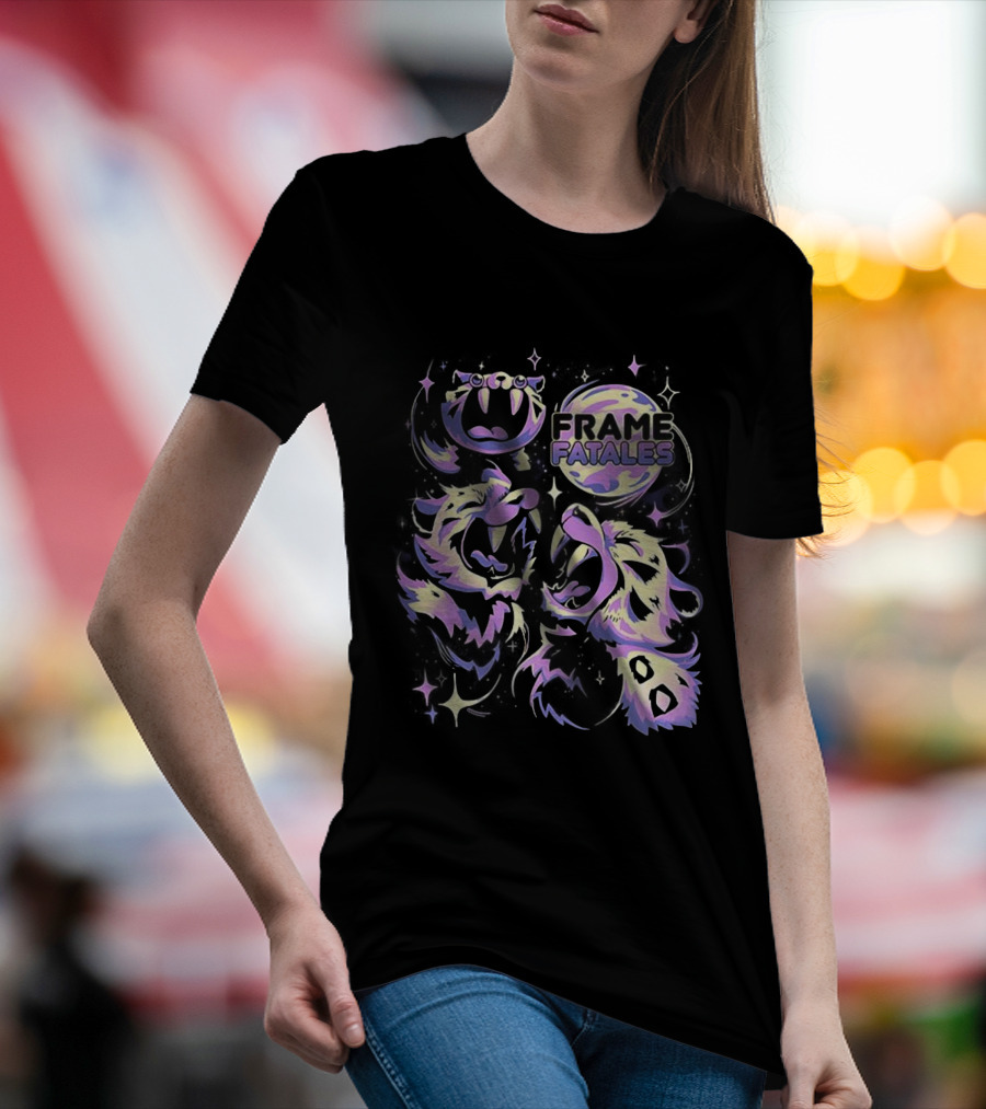 Three Faith Moon Frame Fatales Neon Pastel Feline Faces T-Shirt