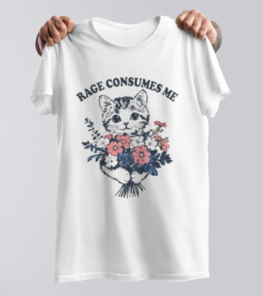 Rage Consumes Me Cat Holding Flower Vintage T-Shirt
