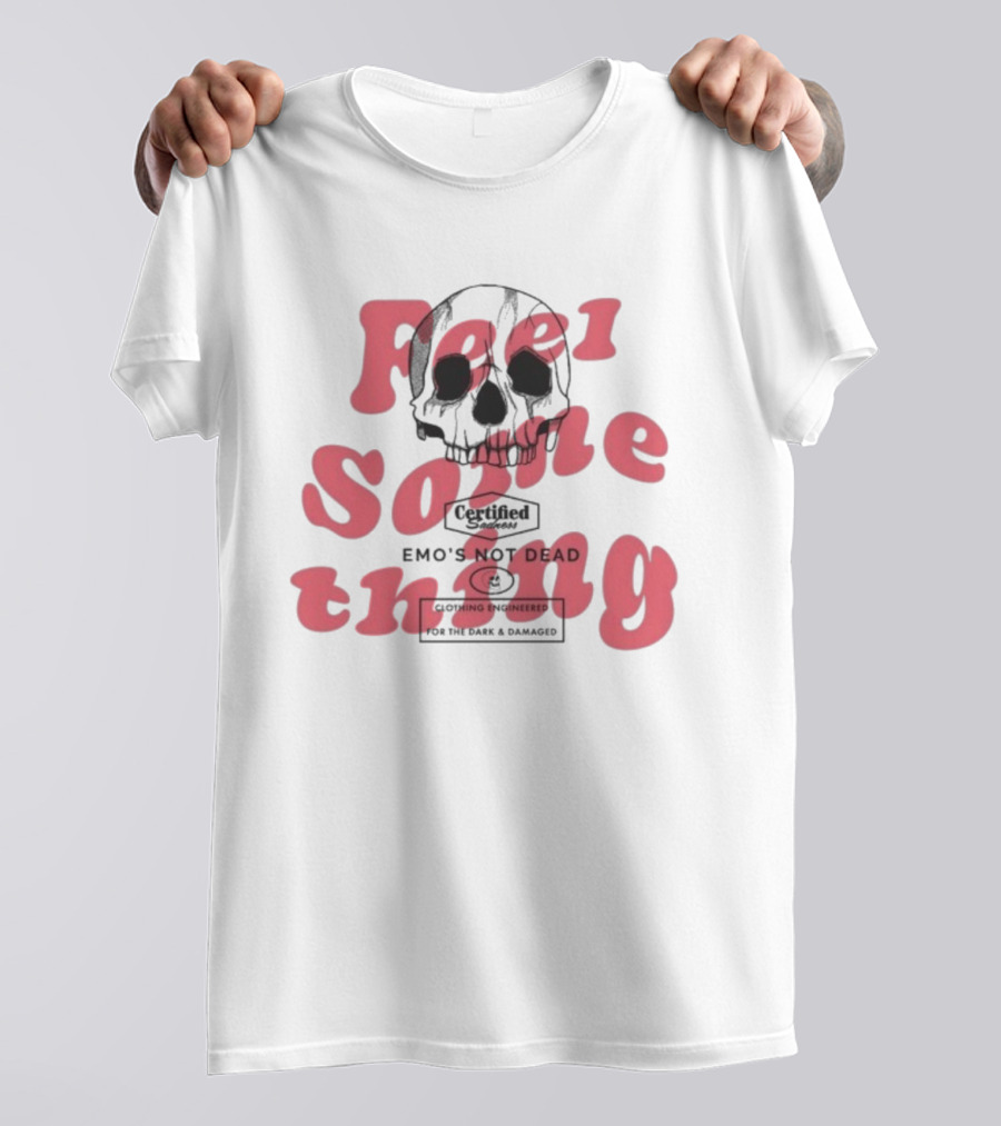 Emo’s Not Dead Feel Something Skull Vintage Style Pink Text T-Shirt