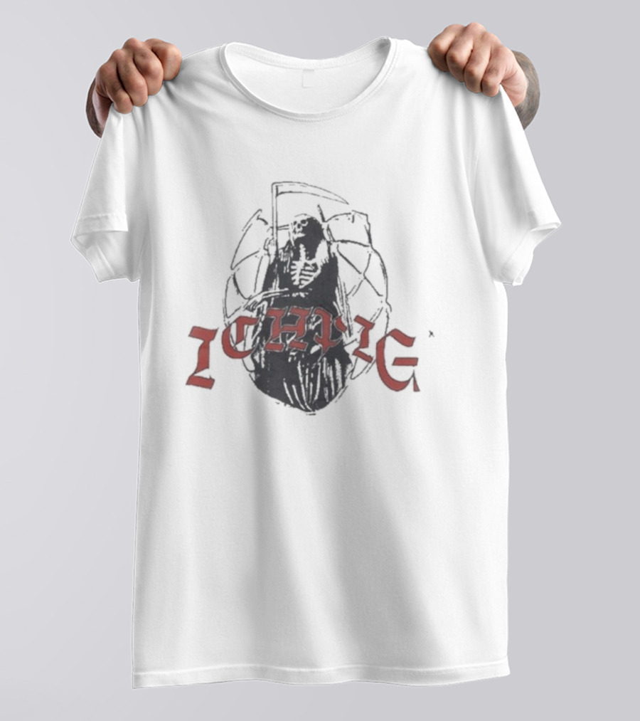 Ichpig Grim Reaper Ichpig Red Arch Text Over Black Cloaked Skeleton T-Shirt