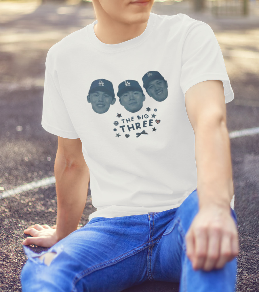 Rōki Sasaki Yoshinobu Yamamoto Shohei Ohtani The Big Three Los Angeles Dodgers 2025 Championship T-Shirt