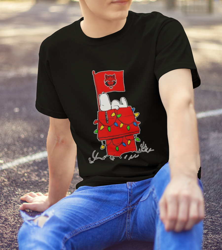 Arkansas State Red Wolves Snoopy Holiday Lights House Peanuts T-Shirt