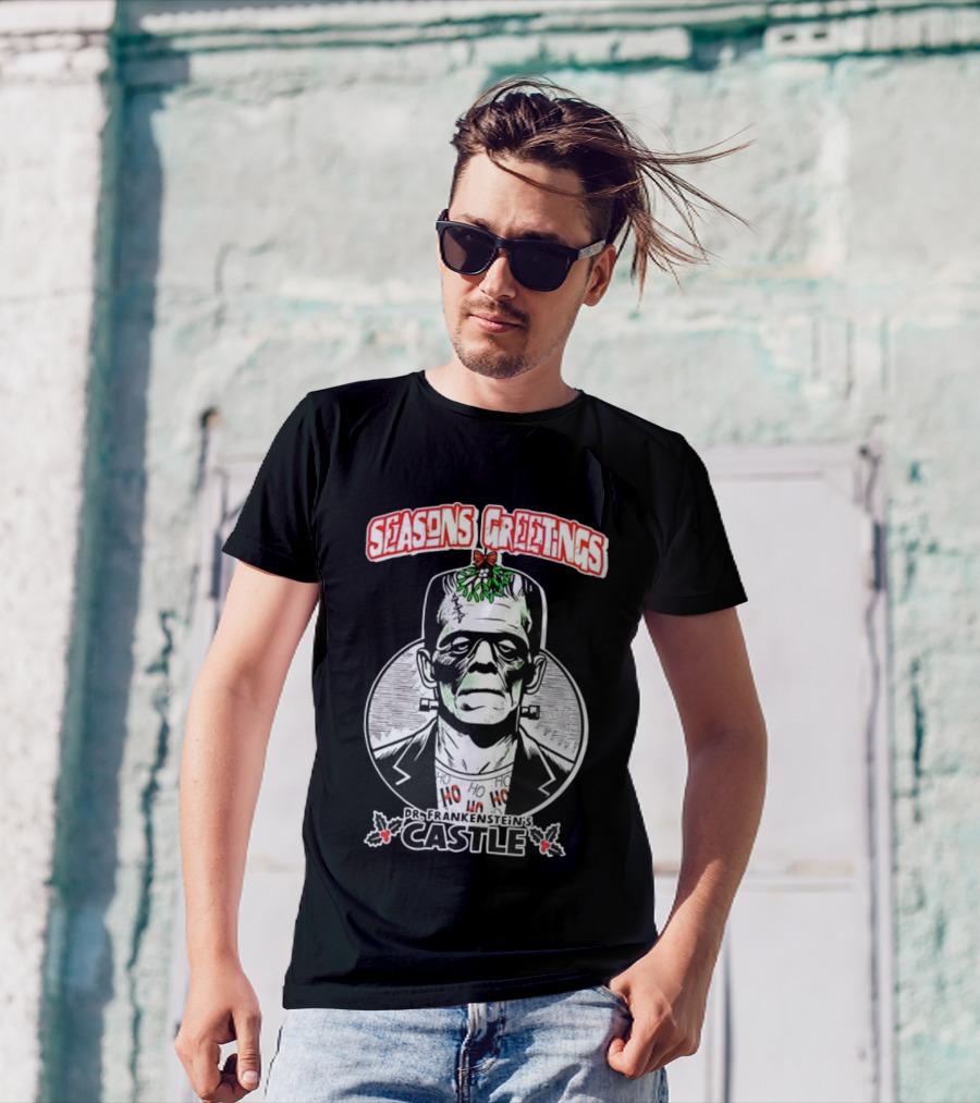 Seasons Greetings Dr. Frankenstein's Castle Christmas T-Shirt