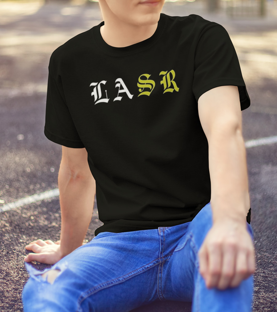 LASR Old English Style Letters Los Angeles Sports Report T-Shirt