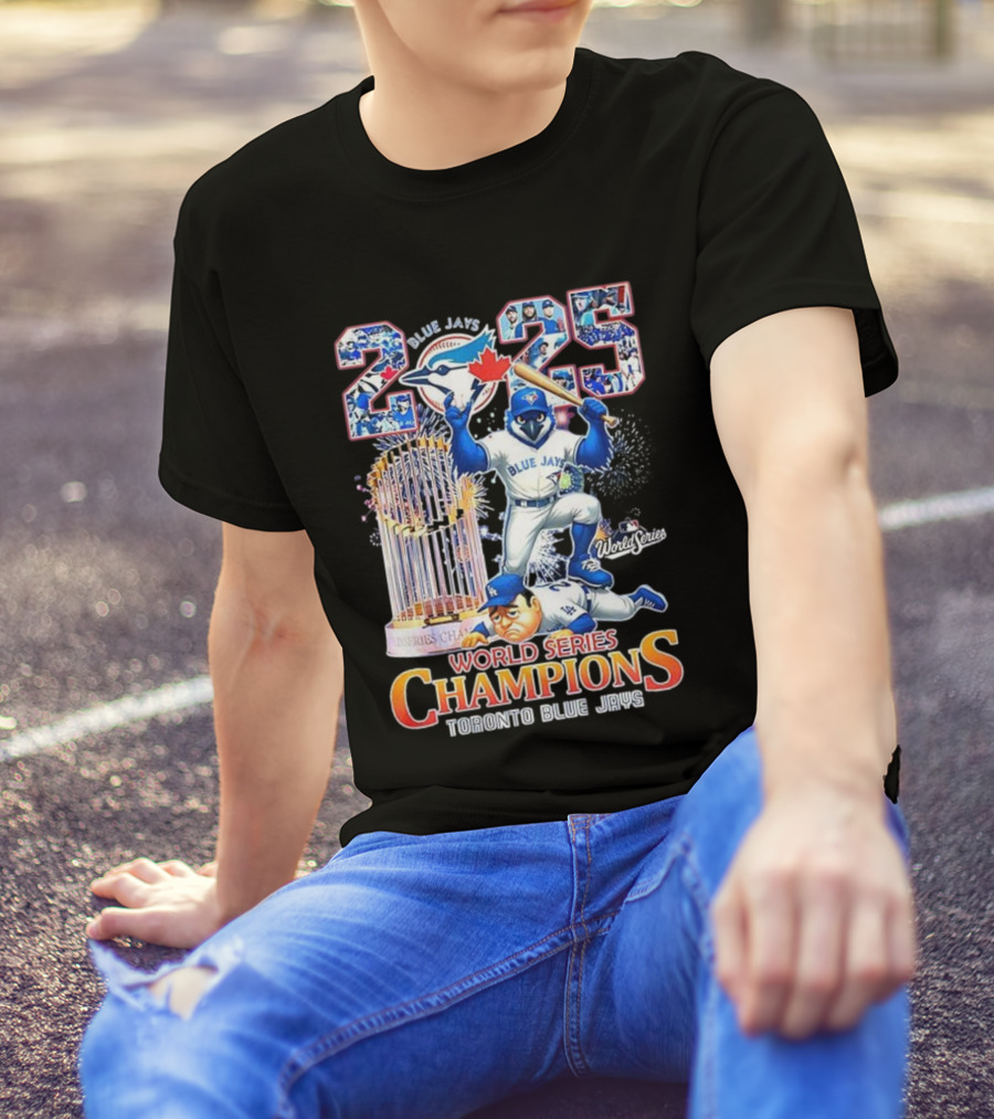 Toronto Blue Jays 2025 World Series Champions Trophy Firework Mascot Celebration T-Shirt