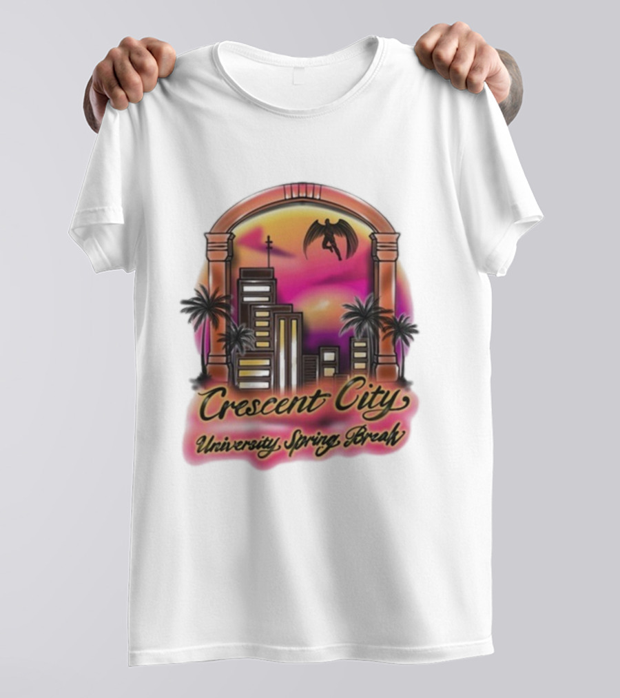 Crescent City University Spring Break Airbrush Tropical Sunset Skyscraper Archway Angel Wings T-Shirt