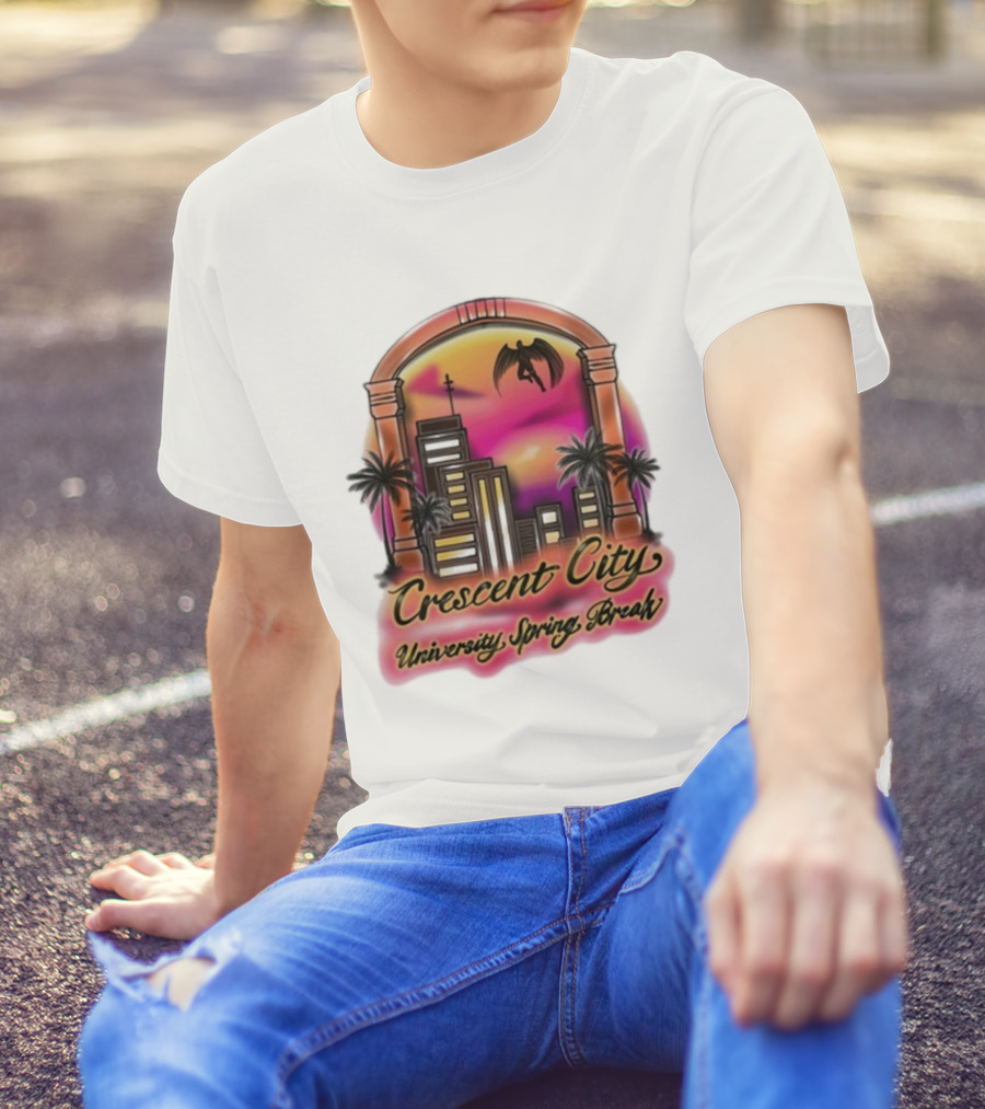 Crescent City University Spring Break Airbrush Tropical Sunset Skyscraper Archway Angel Wings T-Shirt