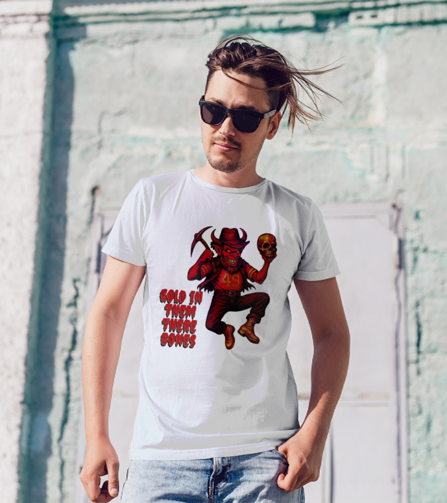 San Francisco 49er Devil Holding Skull Gold In Them There Bones T-Shirt