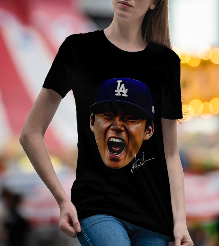Yoshinobu Yamamoto LA Cap Big Head World Series Champions 2025 Signature T-Shirt