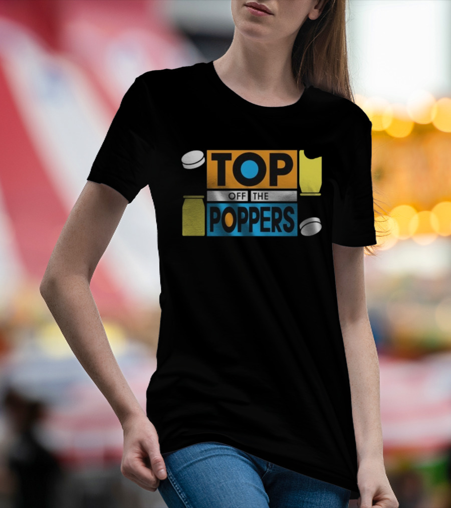 TOP OFF THE POPPERS Yellow And Blue Theme With White Pieces T-Shirt