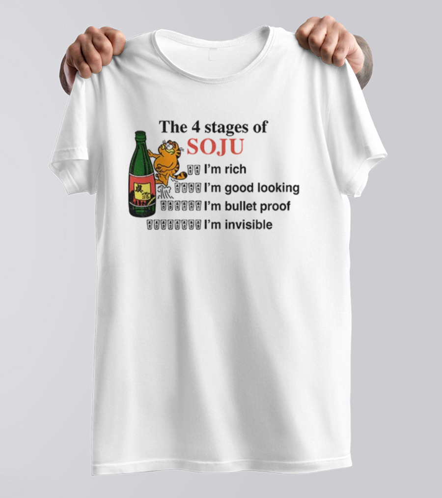 Orange Cat The 4 Stages Of Soju I'm Rich Good Looking Bullet Proof Invisible T-Shirt