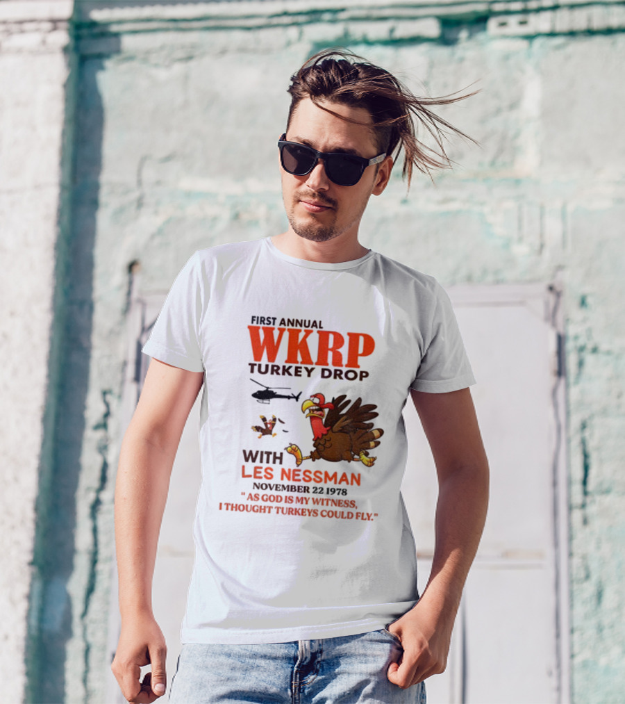 Vintage WKRP Turkey Drop First Annual With Les Nessman As God Is My Witness November T-Shirt