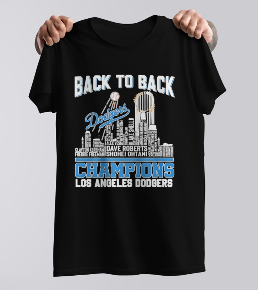 Back To Back Champions Dodgers Trophy Los Angeles Skyline T-Shirt