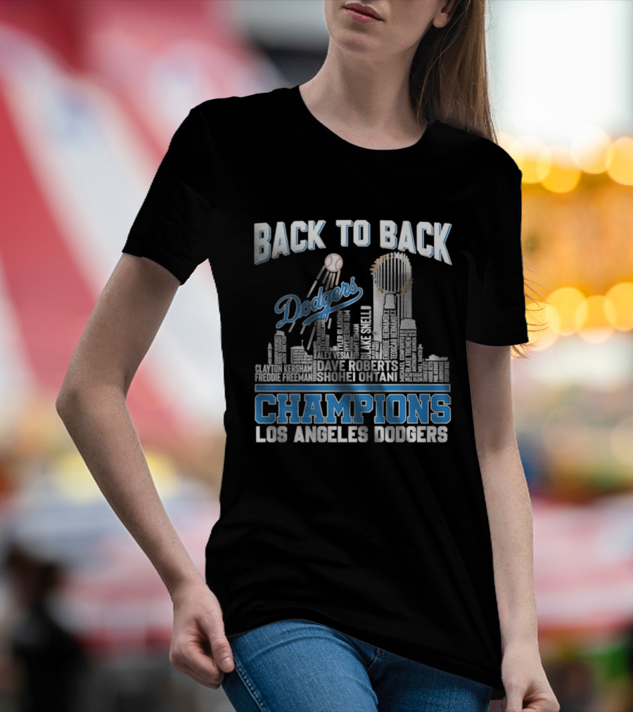 Back To Back Champions Dodgers Trophy Los Angeles Skyline T-Shirt