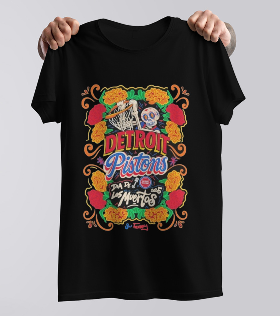 Detroit Pistons Día De Los Muertos 2025 SW Freddy Basketball Floral Skull T-Shirt
