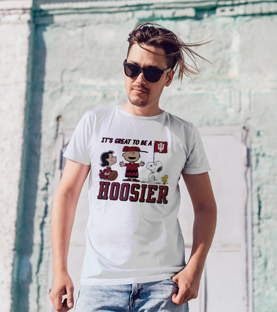 Peanuts Characters Indiana Hoosiers It's Great To Be A Hoosier Snoopy Woodstock Lucy Charlie Brown IU Flag T-Shirt