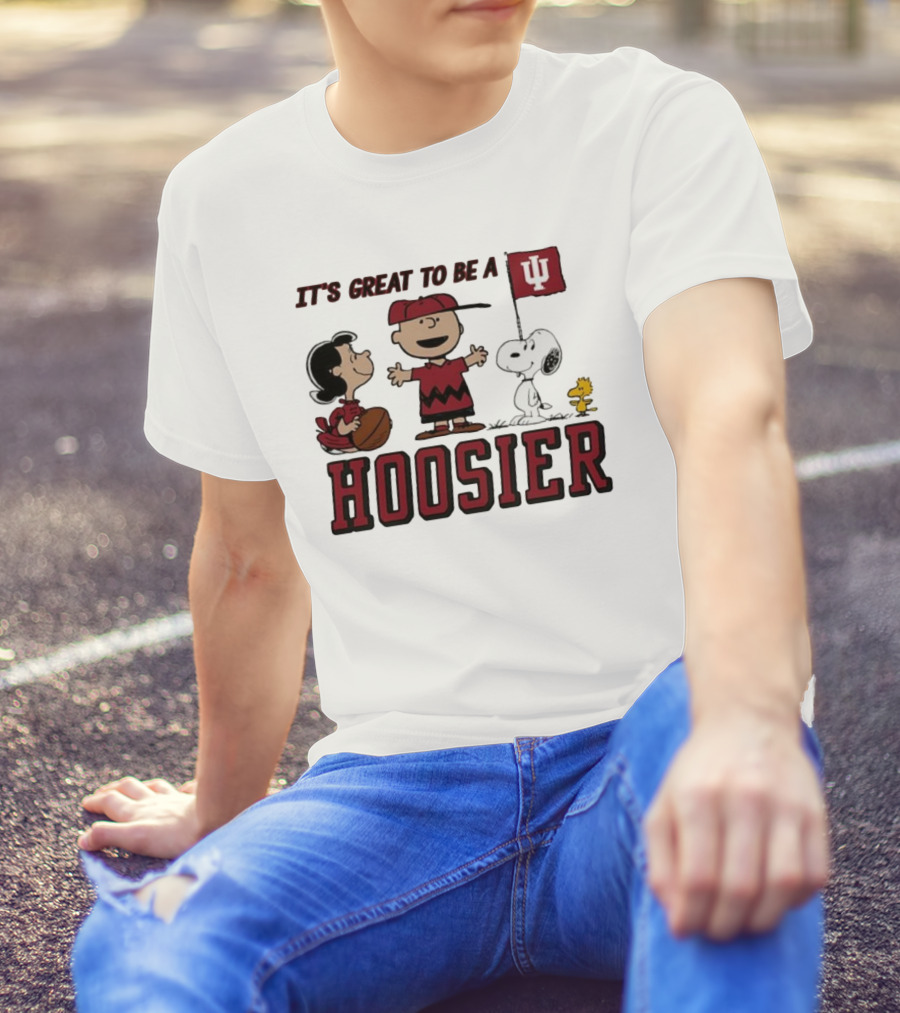 Peanuts Characters Indiana Hoosiers It's Great To Be A Hoosier Snoopy Woodstock Lucy Charlie Brown IU Flag T-Shirt